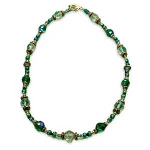 Beautiful Artisan Green, Teal, Aqua and Brass Beaded Necklace